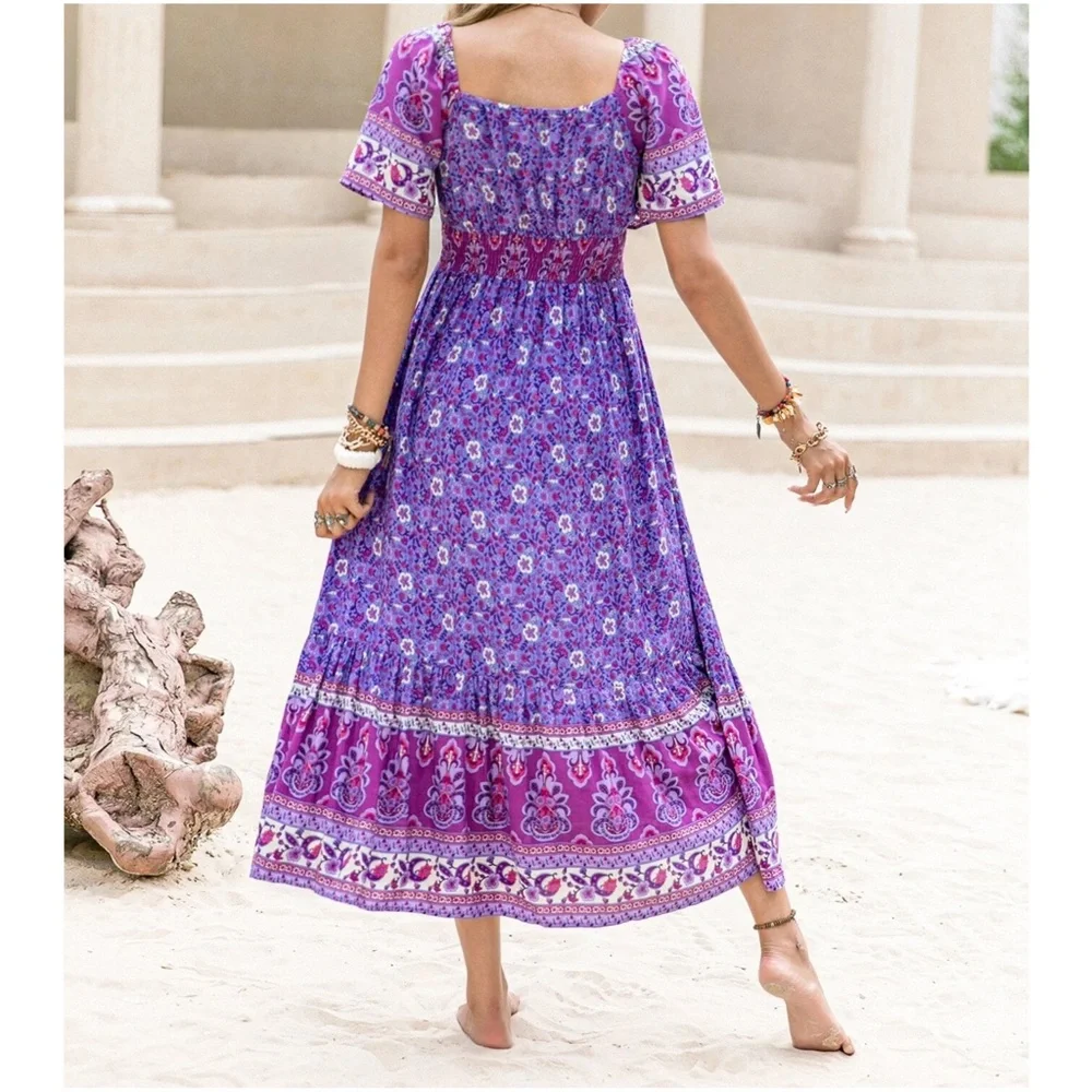 Boho Purple Floral Print Cutout Maxi Dress - Picture 6 of 6